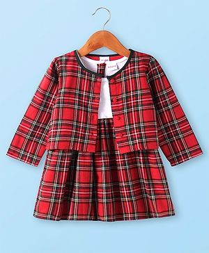 Babyhug Checkered Frock With Full Sleeves Shrug - Red