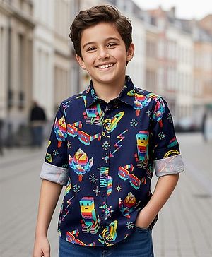 Pine Kids Cotton Woven Full Sleeves Printed Shirt - Navy Blue