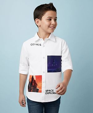 Pine Kids Cotton Woven Full Sleeves Shirt With Space Theme Print - White