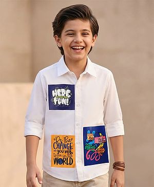Pine Kids Cotton Woven Full Sleeves Shirt With Text Print - White