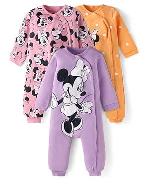 Babyhug Disney Interlock Knit Full Sleeves Front Open Minnie Mouse Printed Rompers Pack of 3 - Lilac Yellow & Pink