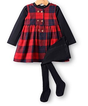 Babyhug Cotton Woven Full Sleeves Checkered Frock with Inner T-Shirt & Leggings - Red & Black