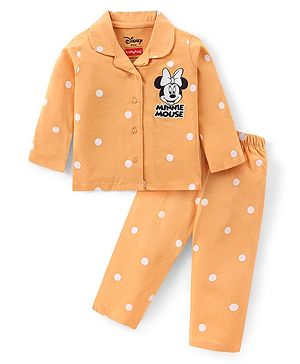 Babyhug Disney Single Jersey Knit Full Sleeves Night Suit With Polka Dots & Minnie Mouse Print - Mustard
