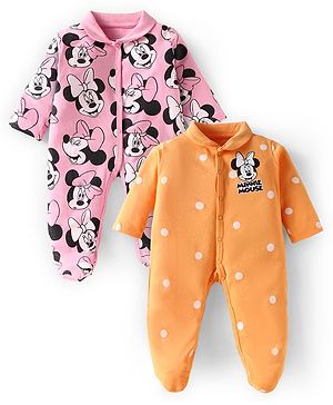 Babyhug Disney Interlock Knit Full Sleeves Footed Sleepsuits with Minnie Mouse Print Pack of 2 - Orange & Pink