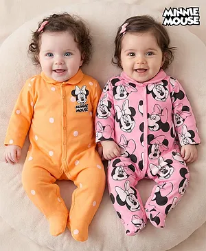 Babyhug Disney Interlock Knit Full
                              Sleeves Footed Sleepsuits with Minnie
                              Mouse Print Pack of 2 - Orange & Pink