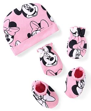 Babyhug Disney Interlock Knit Cap Mittens & Booties With Minnie Mouse Print Pink - Diameter 10 cm
