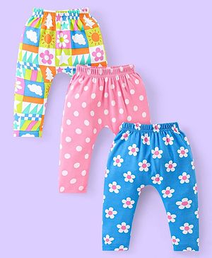 Babyhug Cotton Knit Full Length Diaper Leggings With Floral & Polka Dots Print Pack Of 3 - Pink Blue & Lime