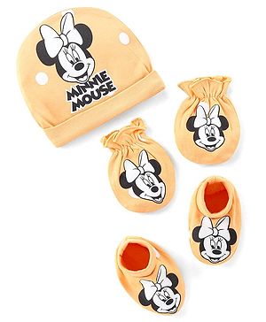 Babyhug Disney Interlock Knit Cap Mittens & Booties Set with Star & Minnie Mouse Print - Light Peach