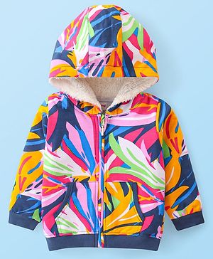 Babyhug Cotton Knit Full Sleeves Front Open Hooded Sweatjacket with Abstract Design & Kangaroo Pockets - Blue
