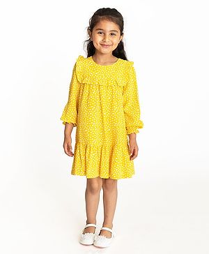 Campana Full Sleeves Frilled Yoke Dots Printed Dress - Yellow