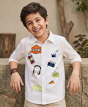 Pine Kids Cotton Woven Full Sleeves Text Printed Shirts - White
