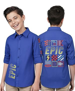 Pine Kids Cotton Woven Full Sleeves Shirt With Text Print In Front & Back - Royal Blue