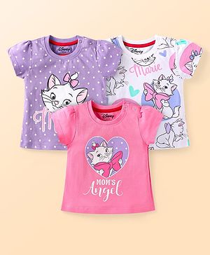 Babyhug Disney Single Jersey Knit Half Sleeves Tops with Marie Graphics Pack of 3 - Dark Pink White & Purple