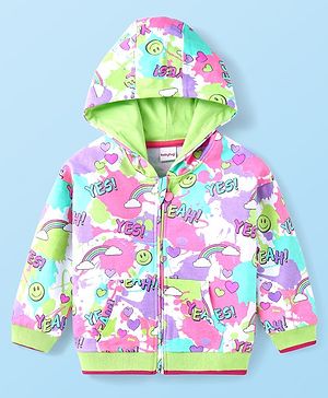 Babyhug Cotton Knit Full Sleeves Hooded Sweatjacket with Text & Rainbow Theme Print - Blue Pink & Green