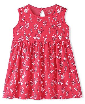 Babyhug Single Jersey Knit Sleeveless Frock with Floral Print- Red