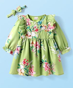 Babyhug Woven Full Sleeves Frock With Floral Print & Hairband - Green