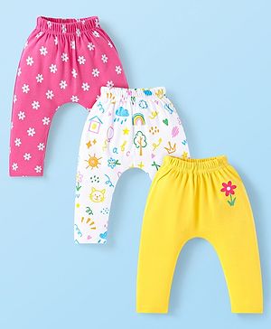 Babyhug Interlock Knit Full Length Diaper Leggings Floral Print Pack of 3 - Pink Yellow & White