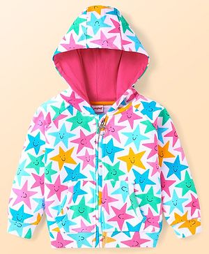 Babyhug Cotton Knit Full Sleeves Star Printed Hooded Sweatjacket with Kangaroo Pockets- White