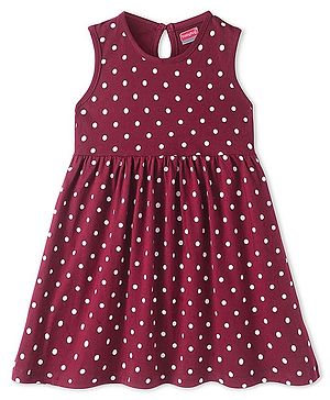 Babyhug Single Jersey Knit Sleeveless Frock with Polka Dot Print- Maroon
