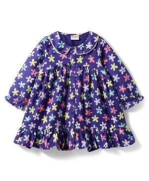 Babyhug Woven Full Sleeves Peter Pan Collared Front Open Frock with Floral Print - Navy Blue
