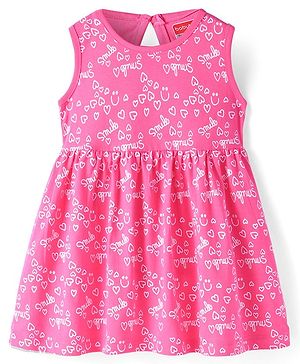 Babyhug Single Jersey Knit Sleeveless Frock with Heart Print- Dark Pink