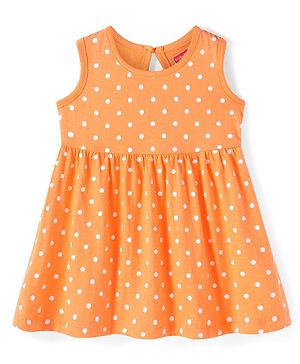 Babyhug Single Jersey Knit Sleeveless Frock with Polka Dots Print - Orange