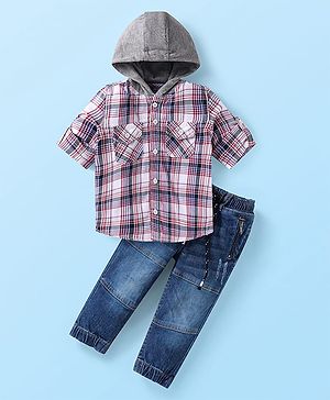 Babyhug Cotton Woven Full Sleeves Checkered Hooded Shirt & Jeans Set - Blue & Pink