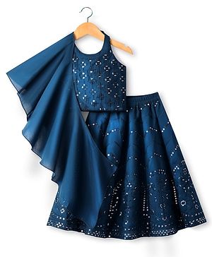 Babyhug Woven Halter Neck Lehenga Choli Set with Embroidery Mirror Sequin & Dupatta - Navy Blue