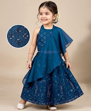 Babyhug Woven Halter Neck Lehenga Choli Set with Embroidery Mirror Sequin & Dupatta - Navy Blue