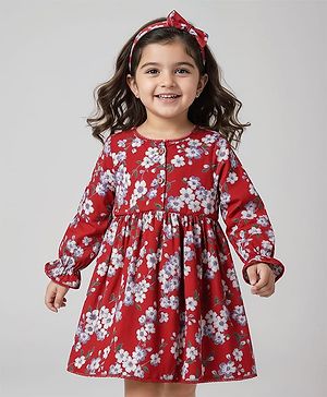 Babyhug Woven Full Sleeves Floral Printed Frock with Headband - Rust Orange