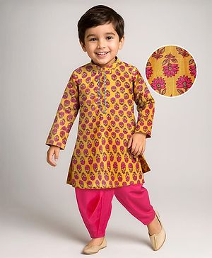 Babyhug Cotton Woven Cambric Full Sleeves Floral Printed Dhoti Kurta Set - Yellow