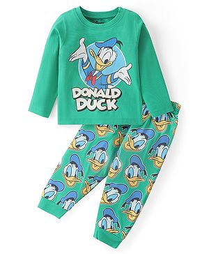 Babyhug Disney Single Jersey Knit Full Sleeves Night Suit with Donald Duck Graphics- Light Green