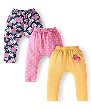 Babyhug Interlock Knit Full Length Floral & Polka Dots Printed Diaper Leggings Pack of 3 - Yellow Pink & Navy