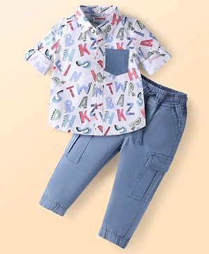 Babyhug Cotton Woven Full Sleeves Shirt & Trouser Set With Text Print - Blue