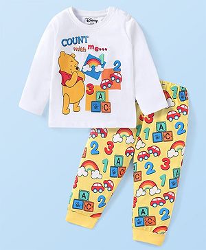 Babyhug Disney Single Jersey Knit Full Sleeves Night Suit with Winnie the Pooh Graphics -White & Yellow
