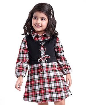 Babyhug Woven Full Sleeves Collared Checkered Frock & Jacket with Knot Detailing - Red & Black