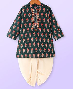 Babyhug Woven Full Sleeves Mandarin Collar Floral Cambric Printed Kurta Dhoti Set - Green