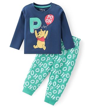 Babyhug Disney Single Jersey Knit Full Sleeves Night Suit with Winnie the Pooh Graphics -Navy & Green