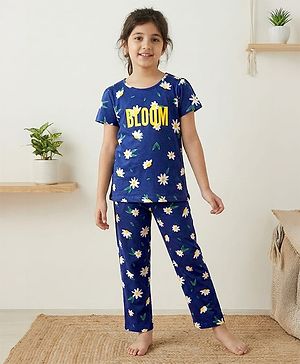 Pine Kids Single Jersey Knit Half Sleeves Night Suit With Text & Floral Print - Navy