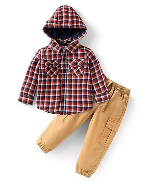 Babyhug Cotton Woven Full Sleeves Hooded Checkered Shirt & Lounge Pant Set - Beige & Rust Orange