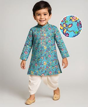 Babyhug Cotton Woven Foil Printed Full Sleeves  Dhoti Kurta Set - Teal Blue