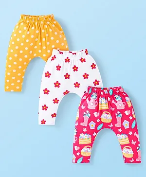 Babyhug Interlock Knit Full Length
                              Diaper Leggings with Polka Dots &
                              Floral Print Pack of 3 - White Yellow
                              & Pink