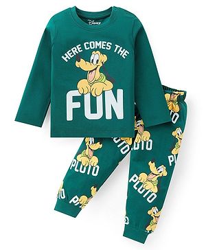 Babyhug Disney Single Jersey Knit  Full Sleeves Night Suit with With Pluto Graphics- Dark Green