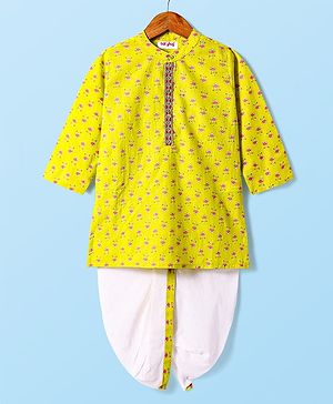 Babyhug Cambric Woven Full Sleeves Dhoti Kurta Set with Floral Print - Yellow