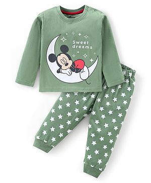 Babyhug Disney Single Jersey Knit Full Sleeves Night Suit with Mickey Mouse Graphics- Olive Green