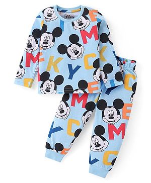 Babyhug Disney Single Jersey Knit Full Sleeves Night Suit With Mickey Mouse Print - Light Blue