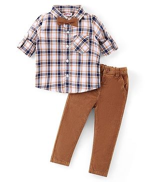 Babyhug Cotton Woven Full Sleeves Checkered Shirt & Trouser Set with Bow - Brown