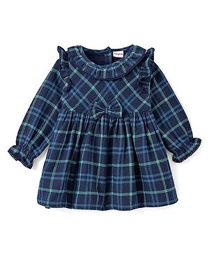 Babyhug Cotton Woven Full Peasant Sleeves Checkered Frock With Frill & Bow Detailing - Navy Blue