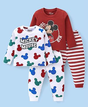 Babyhug Disney Single Jersey Knit Full Sleeves Nigh Suit with Mickey Mouse Graphics Pack of 2 - Maroon & White
