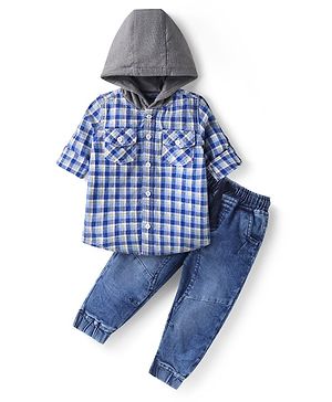 Babyhug Cotton Woven Full Sleeves Hooded Checkered Shirt & Denim Jeans Set - Blue